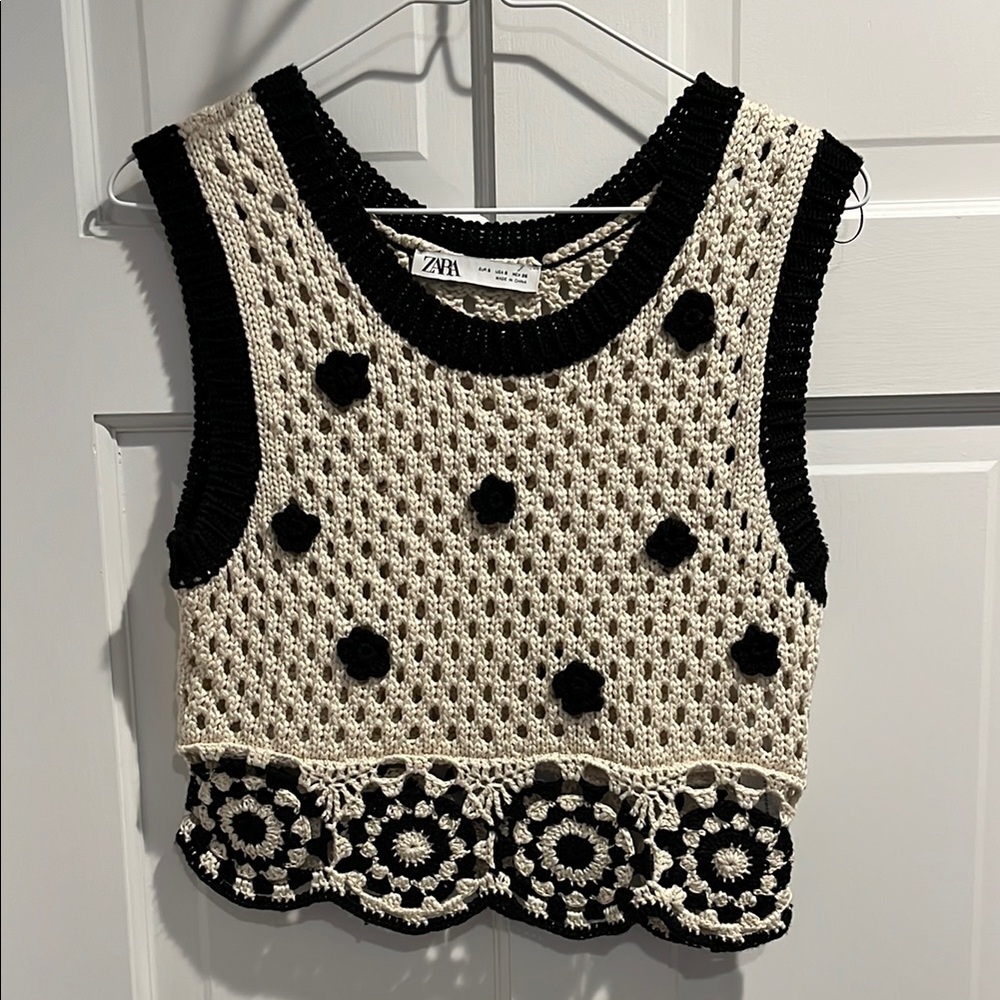 Zara Black and Cream Crochet sweater with scallop bottom. Like New!